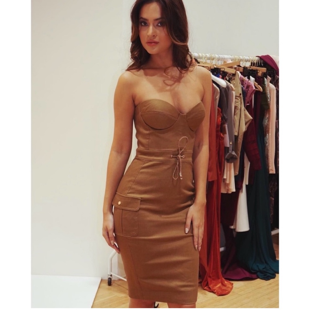 House of CB Tan Morena Twill Bustier Dress
